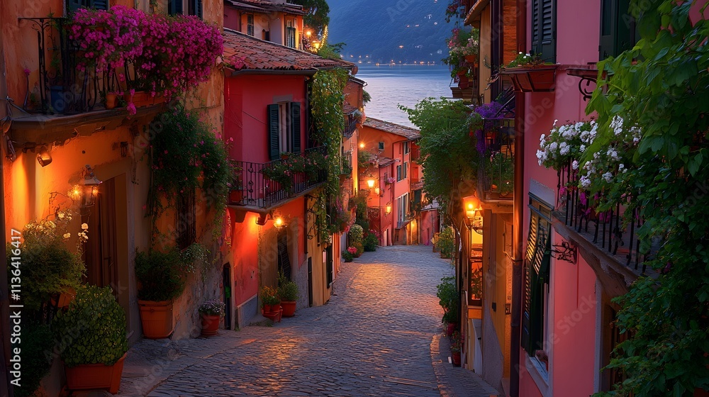Fototapeta premium Cobblestone street in Italian village lined with colorful buildings. Balconies overflow with flowers, golden evening light highlights historic architecture and stone textures.
