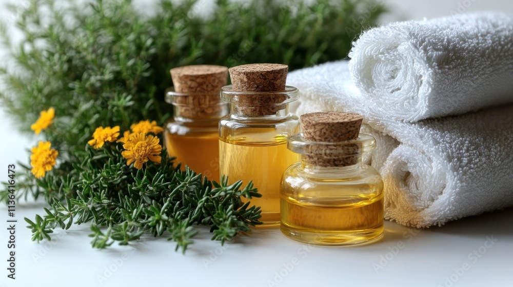 A serene arrangement of essential oils, towels, and herbs for relaxation and wellness. A serene arrangement of essential oils, towels, and herbs for relaxation and wellness.