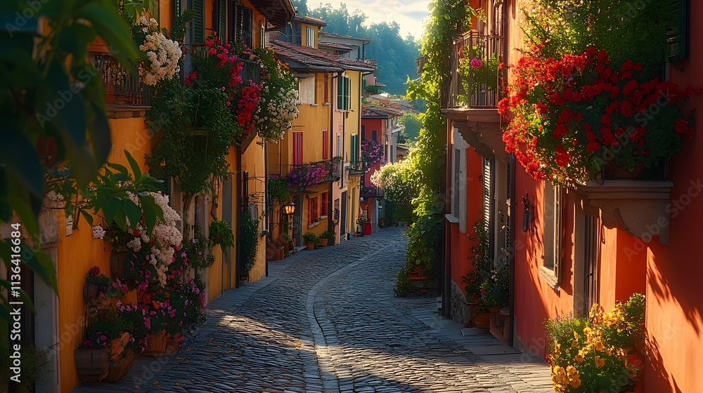 Fototapeta premium Cobblestone street&nbsp;in Italian village lined with colorful buildings. Balconies overflow&nbsp;with flowers, golden evening light highlights&nbsp;historic architecture and stone textures.