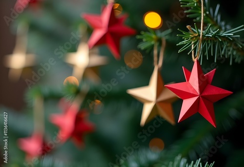 A golden star-shaped ornament hanging on a Christmas tree with green needles, surrounded by blurred multicolored lights in the background, capturing the warmth of the holiday season. photo