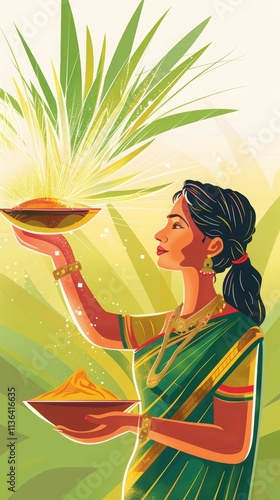 Traditional indian woman celebrating festival with offerings in vibrant green saree