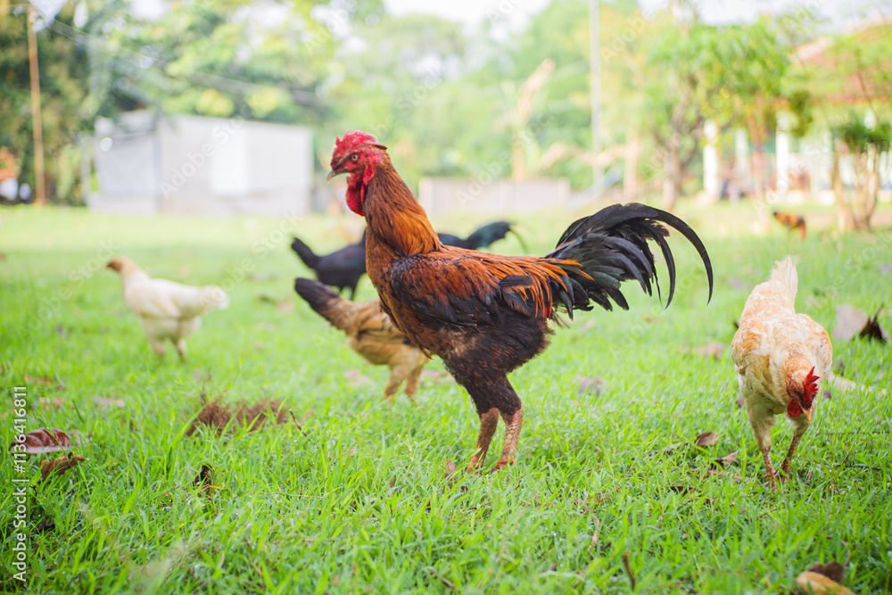 Fototapeta premium Some chickens are looking for food in the grass