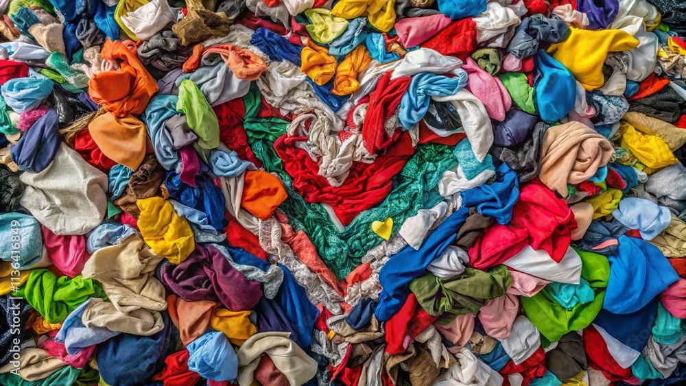 Obraz premium Aerial Heart of Recycled Clothes: Upcycled Fashion, Sustainable Reuse, Eco-Friendly Textile Recycling