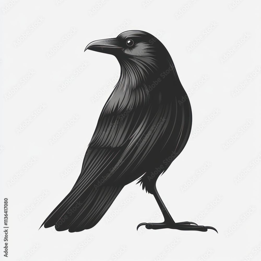 Fototapeta premium Monochrome illustration of a crow in profile view.