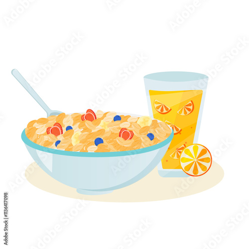 Oatmeal bowl with orange juice, Healthy breakfast vector.