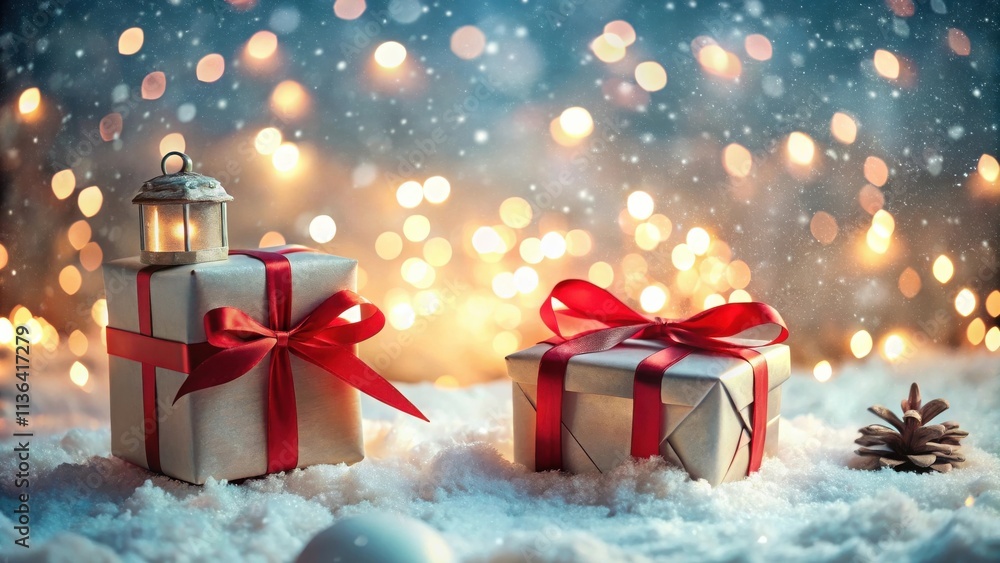 Festive Silver Presents Wrapped in Red Ribbons on Snowy Ground with a Lantern and Fairy Lights Festive Silver Presents Wrapped in Red Ribbons on Snowy Ground with a Lantern and Fairy Lights