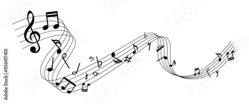 Staff treble clef notes, vector sheet music, musical notes melody, musical key signs