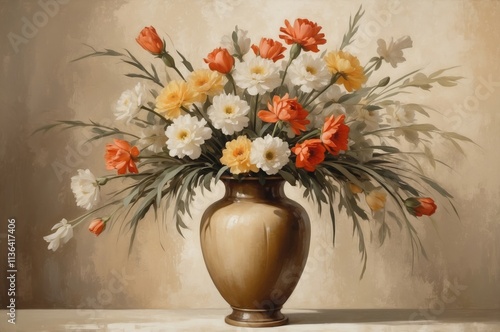 Vintage botanical vase of flower bouquet oil painting, nature theme concept texture design illustration.
