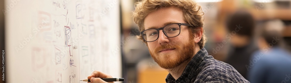 A young man with glasses writes on a whiteboard filled with flowcharts and goals, illustrating career mentorship and training guidance during an internship, focused on professional development This A young man with glasses writes on a whiteboard filled with flowcharts and goals, illustrating career mentorship and training guidance during an internship, focused on professional development This