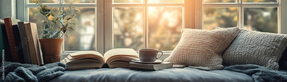 Capture the essence of exam preparation with a serene sunny reading nook, featuring textbooks and a comforting cup of coffee This idyllic scene fosters relaxation and focus, perfect for study Capture the essence of exam preparation with a serene sunny reading nook, featuring textbooks and a comforting cup of coffee This idyllic scene fosters relaxation and focus, perfect for study
