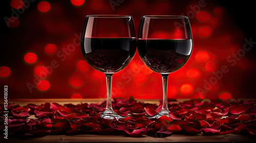 Romantic Setting with Two Glasses of Red Wine and Rose Petals