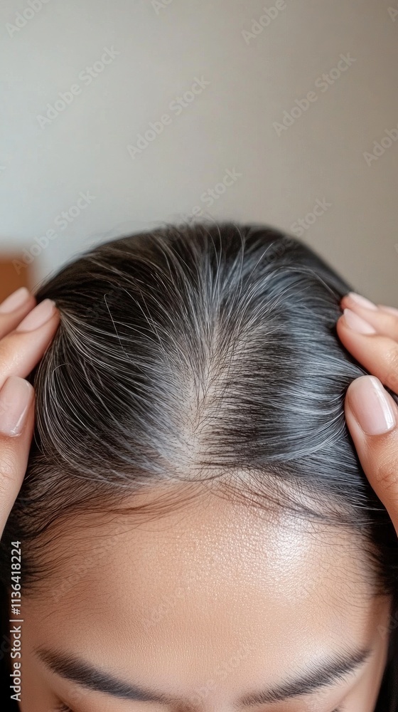 Fototapeta premium Gray hair displayed by young Asian woman emphasizing texture and style for digital design inspiration