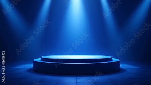 Dark blue stage podium 3d background product platform of empty scene presentation pedestal minimal showcase stand or abstract light show blank display and neon spotlight showroom on luxury backdrop.