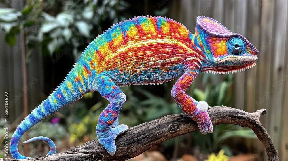 Obraz premium Vibrant chameleon walking on branch, against wooden fence background.