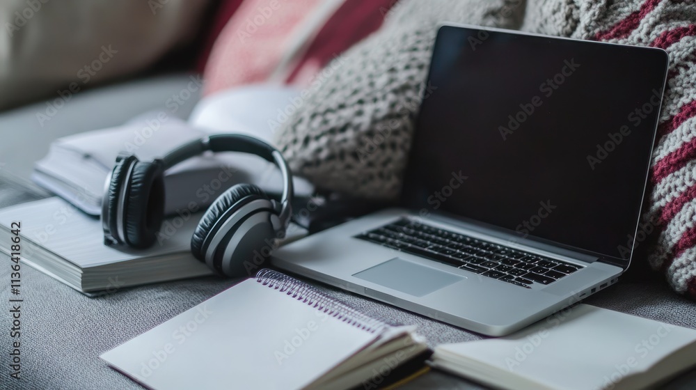 Cozy Workspace with Laptop, Headphones, Notebooks and Warm Blanket Cozy Workspace with Laptop, Headphones, Notebooks and Warm Blanket