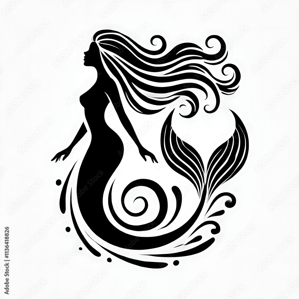 Fototapeta premium Graceful Mermaid Silhouette with Flowing Hair and Tail in Elegant Black and White Design 