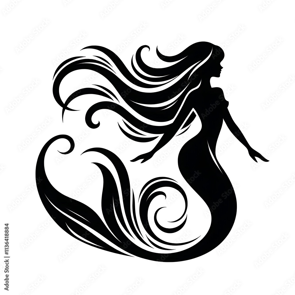 Fototapeta premium Stylized Black and White Mermaid Silhouette with Artistic Flow 