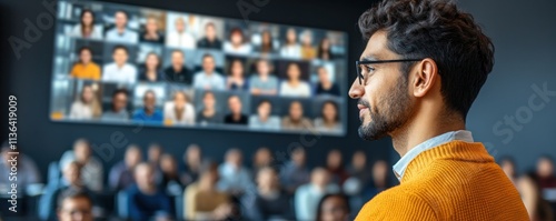 Educator leading engaging virtual class via online tools showcasing remote teaching excellence Online courses demonstrate effective learning Professional teacher provides interactive presentation