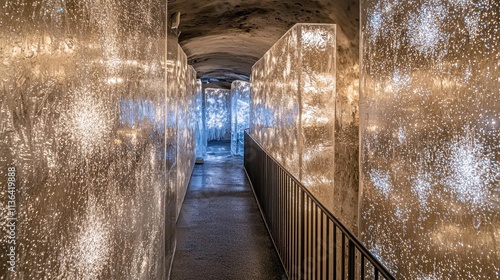 A frozen, icy tunnel deep in a remote glacier, where walls of clear ice reflect the soft, ethereal glow of blue light. The cold air bites at the skin, and every step taken echoes in the eerie  photo