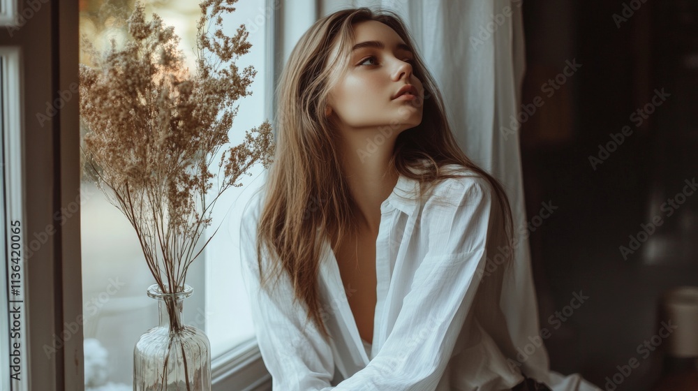 Young caucasian female in white shirt sitting by window with dried flowers Young caucasian female in white shirt sitting by window with dried flowers