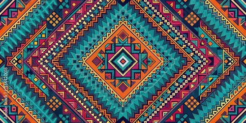 Vibrant Geometric Textile Design with Interlocking Patterns and Bold Hues