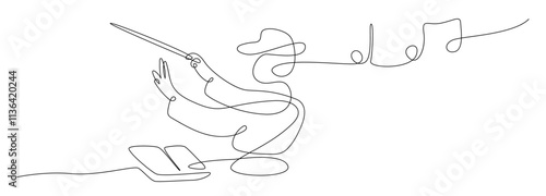 Conductor conducting an orchestra line vector, Continuous single one line art drawing of music conductor directing concert