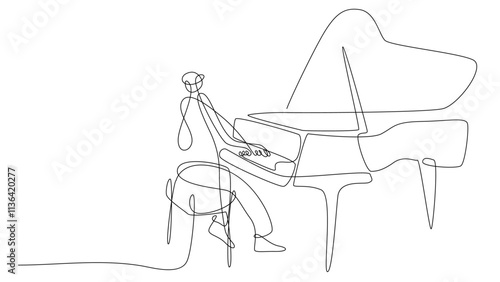 Pianist playing piano continuous one line drawing minimalist, pianist hands on grand piano
