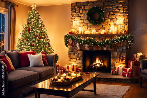 Cozy living room decoration with fireplace for Christmas celebration, Christmas themed background, Generated by ai
