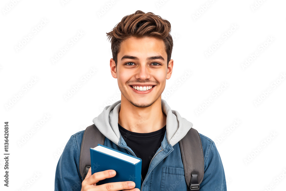 Young handsome college student holding a book, smiling nicely Young handsome college student holding a book, smiling nicely