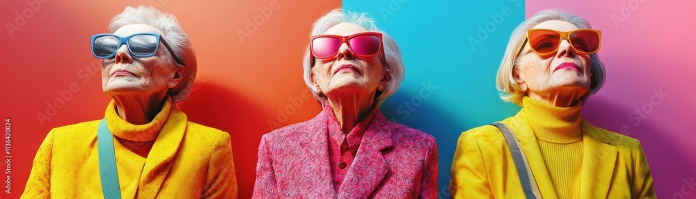 This image shows three individuals standing in front of a brightly colored wall Each person is wearing a different color of clothing, and different color sunglasses, with one individual also wearing This image shows three individuals standing in front of a brightly colored wall Each person is wearing a different color of clothing, and different color sunglasses, with one individual also wearing