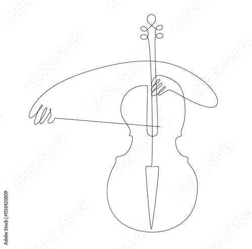 Cello music player continuous one line drawing minimalist, cellist hands playing cello vector line