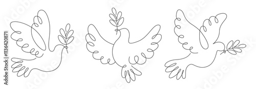 Dove, pigeon symbol of love peace and freedom in simple line vector, flying dove with olive branch