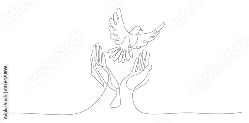 Hand with dove flying, Praying hands and white dove flying, hands releasing doves into the sky
