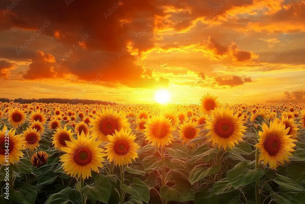 Fototapeta premium Sunflower field with sunset in the background