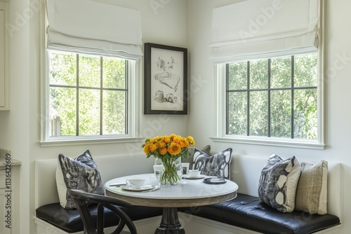 a table with a vase of flowers on top of it