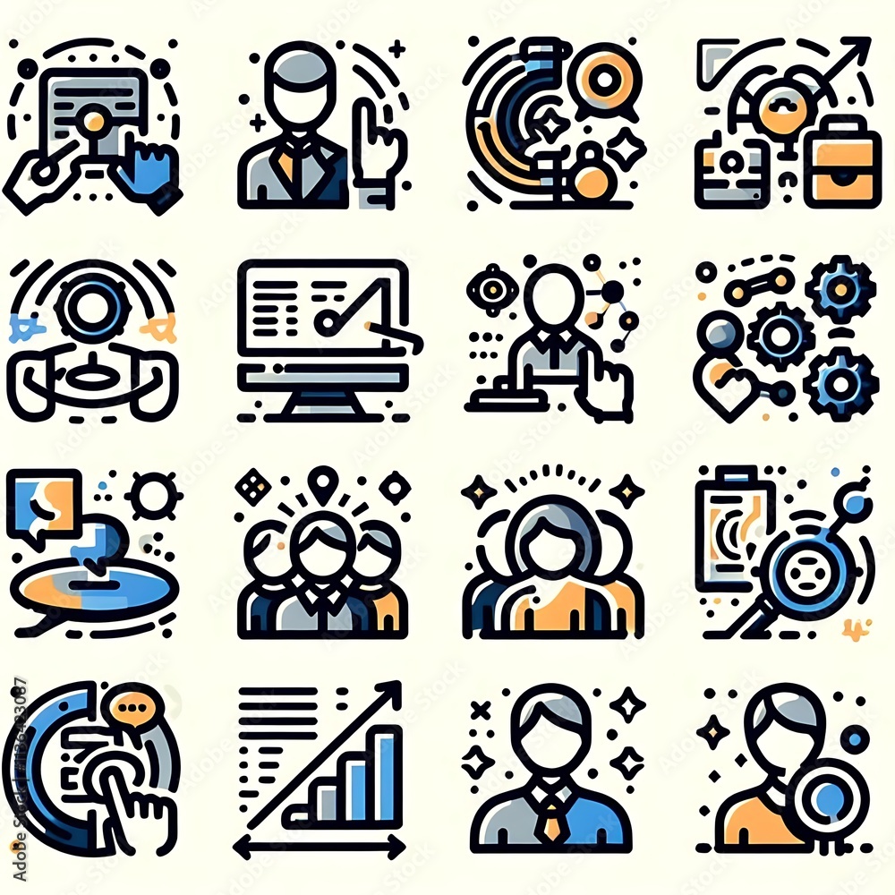 Line icon set of animated business function symbols Line icon set of animated business function symbols