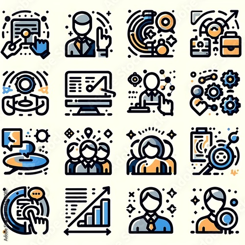 Line icon set of animated business function symbols	