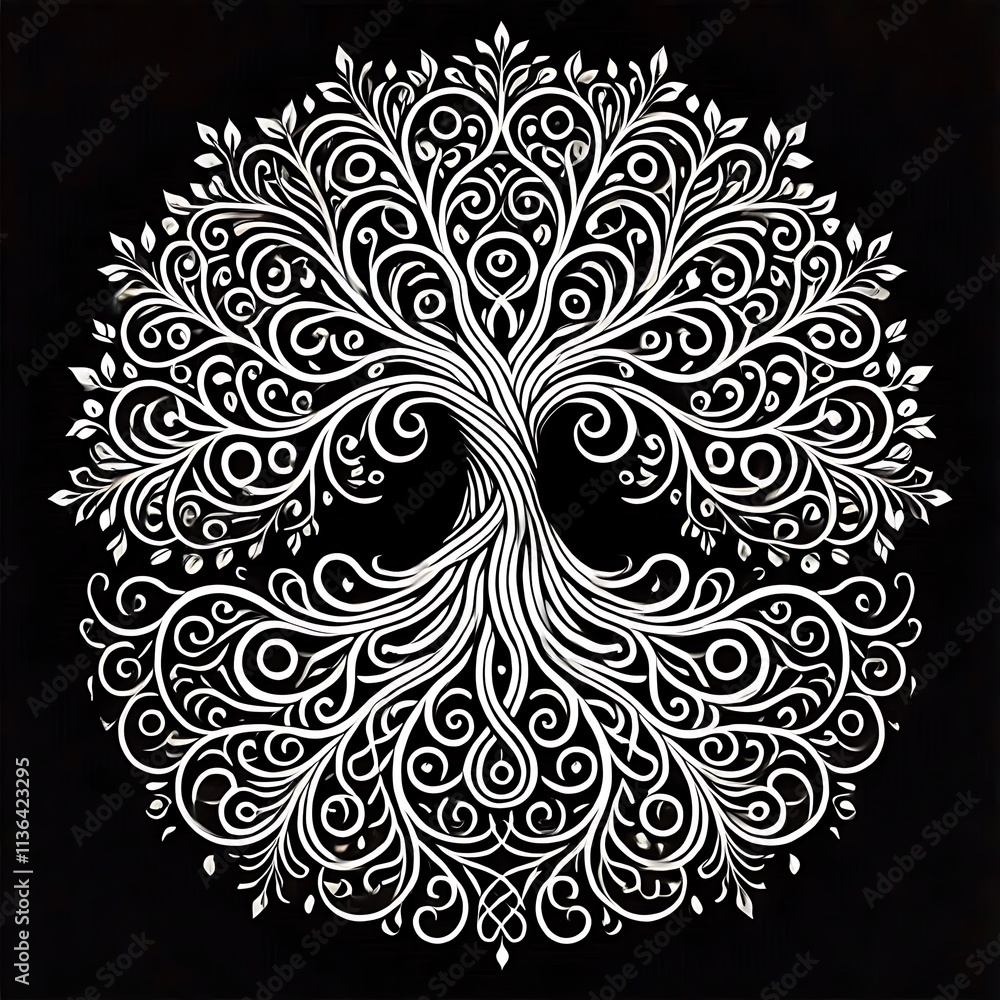 Intricate tree of life symbol with detailed branch and root network Intricate tree of life symbol with detailed branch and root network