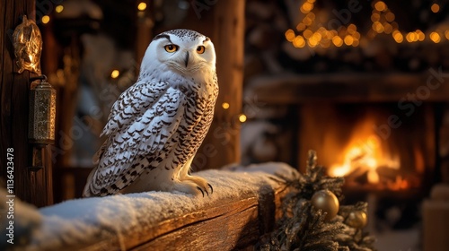 A snowy owl sits peacefully by a cozy fire, surrounded by warm lights and festive decorations in a charming setting.