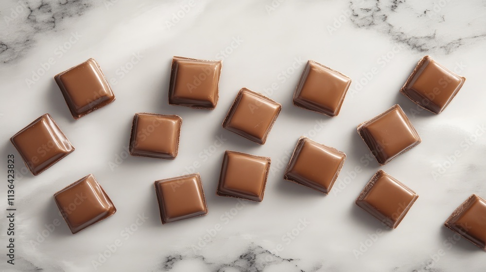 Fototapeta premium Delicious Milk Chocolate Squares on Marble Background