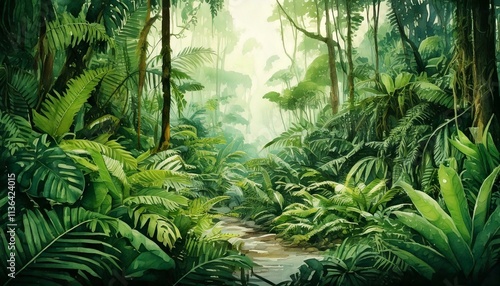 Lush watercolor tropical rainforest with exotic plants, ferns, and vivid green tones with copy space 
