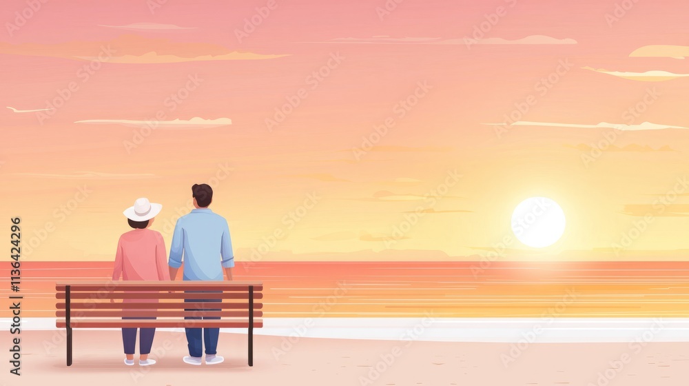 Fototapeta premium Retirement income longevity. A serene sunset view of a couple sitting on a bench, enjoying the peaceful ocean, symbolizing love and companionship.