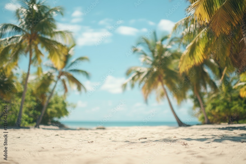 Beautiful sandy beach blur background with palm trees and blue sky, blurred image Beautiful sandy beach blur background with palm trees and blue sky, blurred image