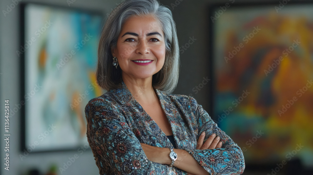 Confident, elegant businesswoman posing in an art gallery, projecting success and professionalism with her arms crossed Confident, elegant businesswoman posing in an art gallery, projecting success and professionalism with her arms crossed