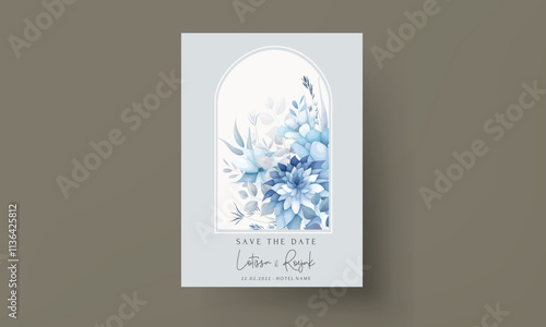 luxury blue flower and leaves wedding invitation card