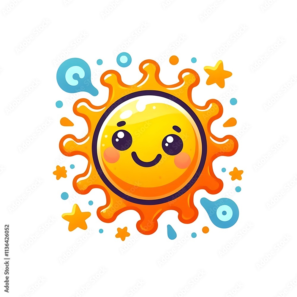 Cheerful Cartoon Sun Icon with Smiling Face, Bright Yellow and Orange Cheerful Cartoon Sun Icon with Smiling Face, Bright Yellow and Orange