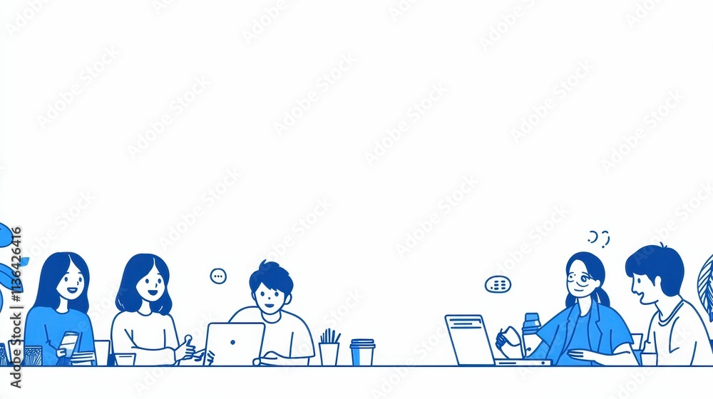 Blue line drawing; people collaborate, laptops, drinks. Blue line drawing; people collaborate, laptops, drinks.