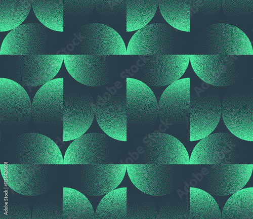 Divided Circles Mod Geometry Seamless Pattern Trend Dot Work Turquoise Color Abstract Vector Background. Bauhaus Retro Styled Halftone Art Illustration for Textile Print. Endless Abstraction Wallpaper