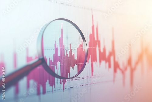 A 3D magnifying glass zooming in on a detailed stock graph with rising and falling lines, arrows, and numerical data on a clean white background with copy space. Bright, clear light.