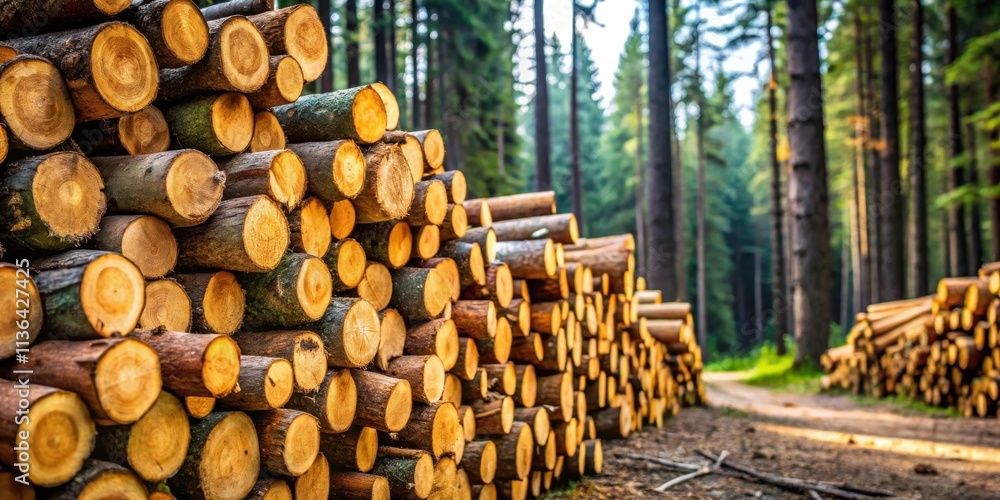 Sunlit Stacks of Timber Logs in a Forest Clearing Sunlit Stacks of Timber Logs in a Forest Clearing